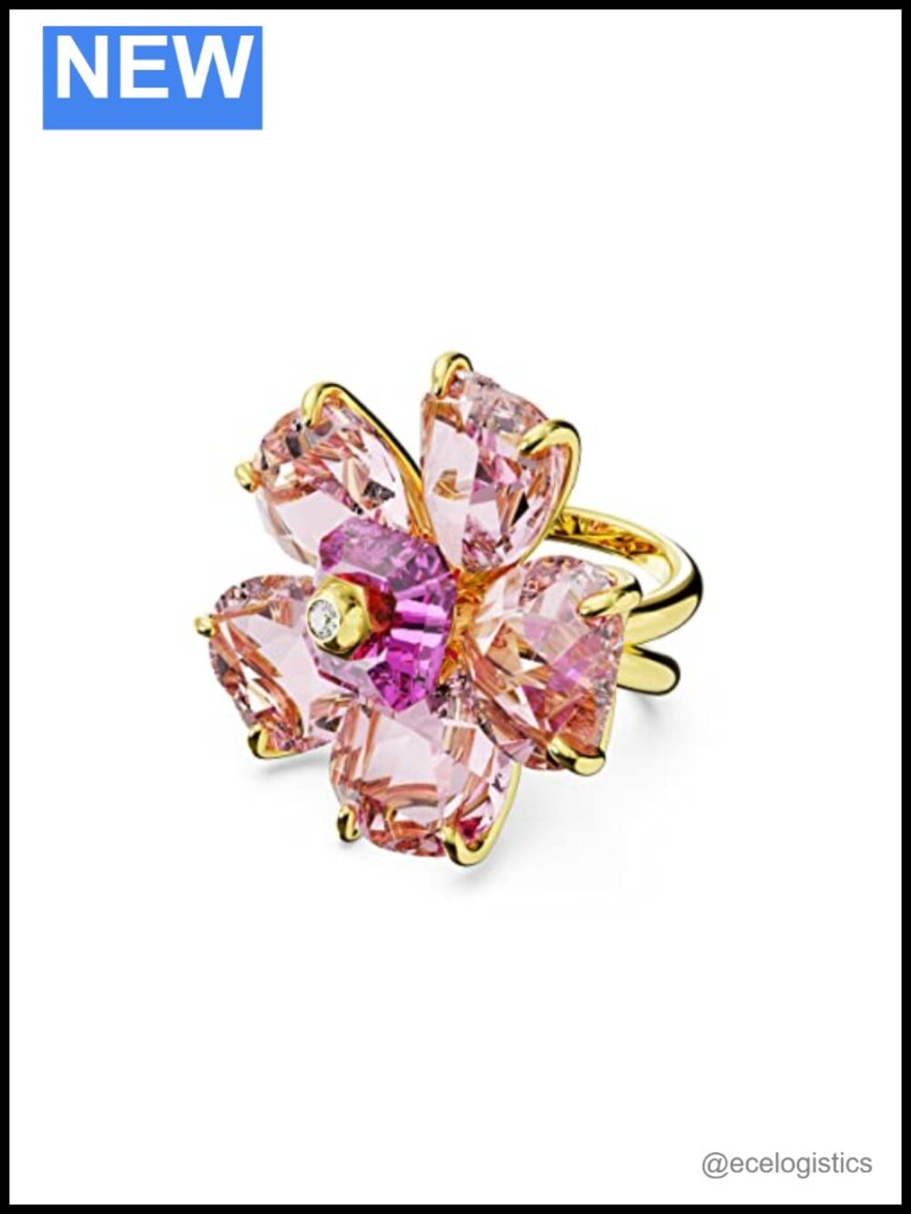 Swarovski Crystal Cocktail Ring Flower Motif Double Band Size 5